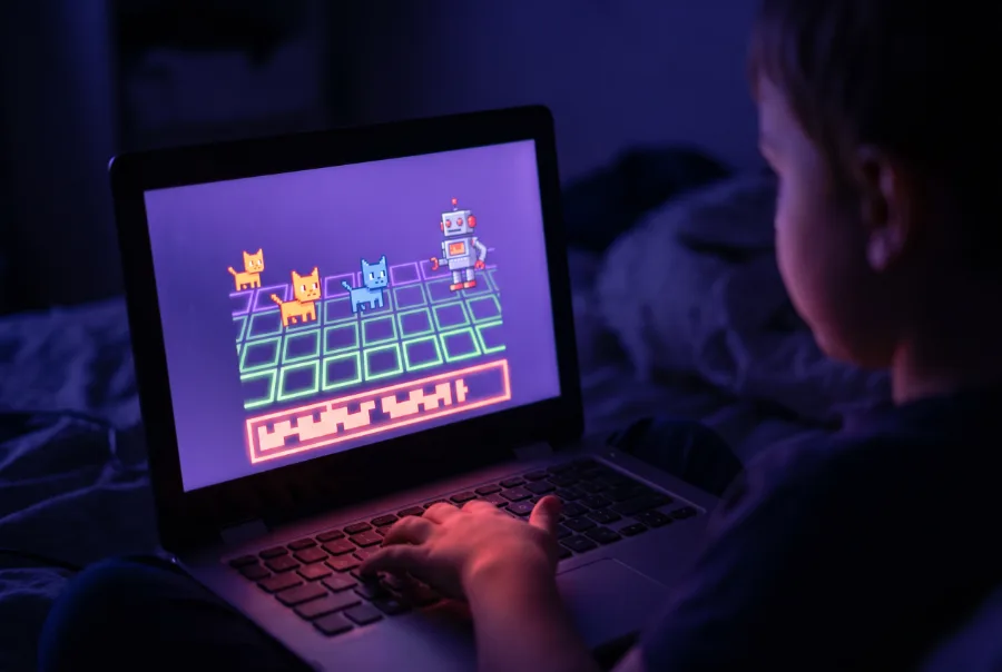 Экран ноутбука с двухмерной игрой: кот убегает от робота
